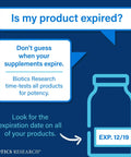 Infographic about supplement expiration with text on checking expiration dates. Bottle icon with label 'EXP. 12/19'.