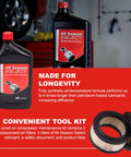 Starter Kit For 2420 2340 2475 Duplex Air Compressors with lubricant bottle and replacement air filters on display.
