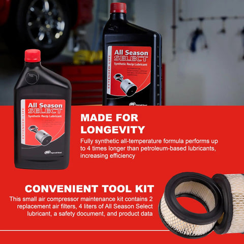 Starter Kit For 2420 2340 2475 Duplex Air Compressors with lubricant bottle and replacement air filters on display.