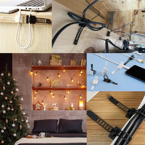 Adjustable Adhesive Cable Management Clips 50Pcs used under desk and for wall mounts in various setups with strong PA66 nylon