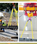 Four 1in×6ft lifting slings, yellow polyester webbing for hoists, shown at construction site and overhead hoist.