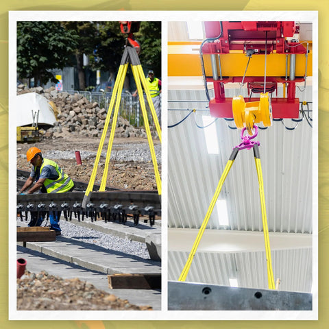 Four 1in×6ft lifting slings, yellow polyester webbing for hoists, shown at construction site and overhead hoist.