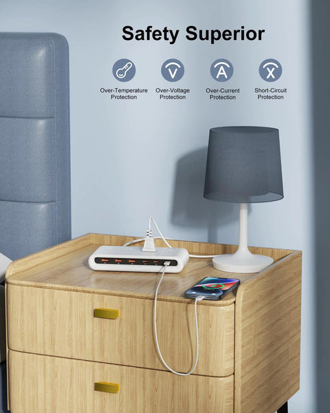 Smooth Ace Power Strip With Five Foot Flat Extension Cord Featuring Eight Versatile Ports Including Four Wall Outlets And Multiple Usb Fast Charging Hubs For Mobile Tech Rig And Travel Setup on bedside table.