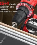 Close-up of Beastly 21V Brushless Cordless Drill Kit drilling through wood with 25+1 clutch, showing drill bit and power settings.