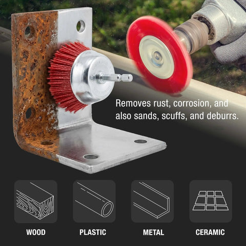 Six Piece Coarse Abrasive Nylon Bristle Cup Brush Set With 1/4 Inch Hex Shank For Angle Grinders on metal surface