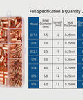 250 Pcs Wire Terminal Connectors Kit With 7 Sizes Electrical Butt Connectors Copper Tube Connectors Box and Specification Chart