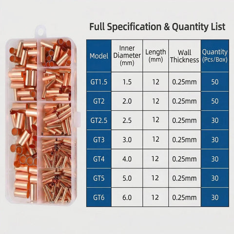 250 Pcs Wire Terminal Connectors Kit With 7 Sizes Electrical Butt Connectors Copper Tube Connectors Box and Specification Chart