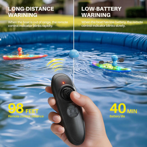 Dual RC Kayaks For Kids 6-12 With Magnetic Dolphin Nose And Three Balls, hand holding 2.4GHz remote for pool race fun