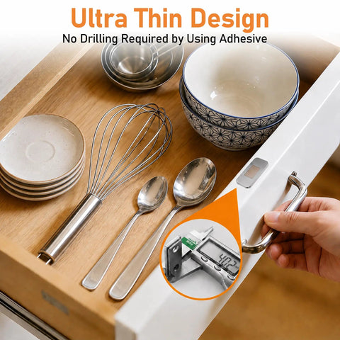 Ultra Slim Magnetic Cabinet Door Catch Set Of 8 with no drill installation shown in kitchen drawer