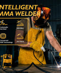 Welding technician using 135 Amp 110V Mini MMA Arc Welder with Digital Display, showcasing features like anti-stick and arc force.