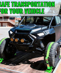 Heavy Duty Wheel Chock Tie Down Straps Kit for Trailers and UTVs securing a UTV on a trailer, front view