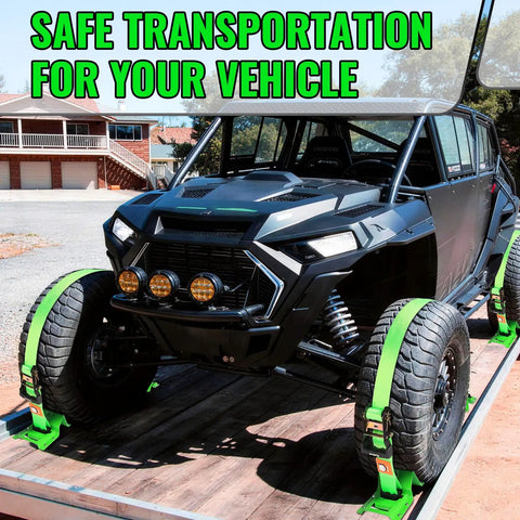 Heavy Duty Wheel Chock Tie Down Straps Kit for Trailers and UTVs securing a UTV on a trailer, front view