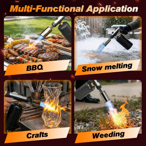 Propane Torch Gun With Adjustable Flame And Safety Lock For BBQ Grilling Camping And Searing Steaks Delivers 3272F High Heat shown in multi-use scenarios