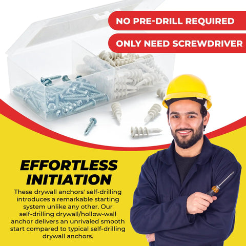Mini N6 Plastic Self Drilling Drywall Anchors With Screws Kit 50 Pack in clear box with worker holding screwdriver