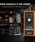 Universal Tpms Relearn Tool For Tire Pressure Sensor Activation For Gm Vehicles Chevy Buick Gmc Cadillac Supporting 315Mhz And 433Mhz Bands, OEC-T5 scanner shown with usage scenarios.