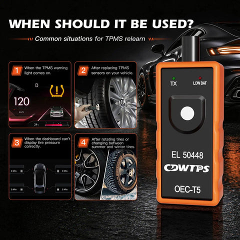 Universal Tpms Relearn Tool For Tire Pressure Sensor Activation For Gm Vehicles Chevy Buick Gmc Cadillac Supporting 315Mhz And 433Mhz Bands, OEC-T5 scanner shown with usage scenarios.