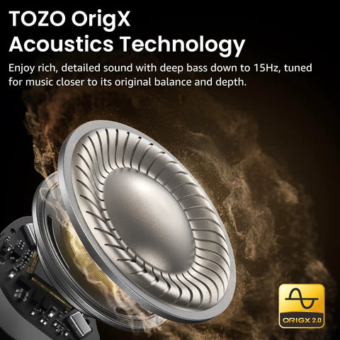 Close-up of earbud speaker detail with TOZO OrigX Acoustics Technology, highlighting deep bass capability.