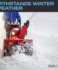 Person using snow blower, promoting 100 Ft All Weather Outdoor Indoor Extension Cord Built Tough Be The Go To Cord 12 3 SJEOW