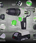 20V Cordless Drill Set With Hammer Drill Function And 3 In 1 Power Drill Kit, Dual Speed 0 400 RPM And 0 1650 RPM, Three Eighth Inch Chuck
