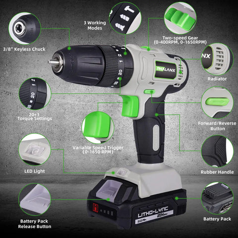 20V Cordless Drill Set With Hammer Drill Function And 3 In 1 Power Drill Kit, Dual Speed 0 400 RPM And 0 1650 RPM, Three Eighth Inch Chuck