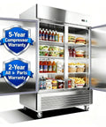Heavy Duty 54 Inch Commercial Upright Refrigerator With Dual Solid Doors And 42 Cubic Feet Capacity Stainless Steel Frame Built Like A Tank Cooling Keeps Items At 33 To 39 Degrees Fahrenheit Ideal For Restaurants Bars Or Garages showcasing food storage and warranty details.