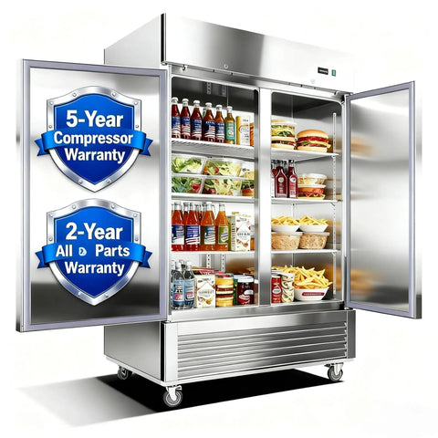Heavy Duty 54 Inch Commercial Upright Refrigerator With Dual Solid Doors And 42 Cubic Feet Capacity Stainless Steel Frame Built Like A Tank Cooling Keeps Items At 33 To 39 Degrees Fahrenheit Ideal For Restaurants Bars Or Garages showcasing food storage and warranty details.