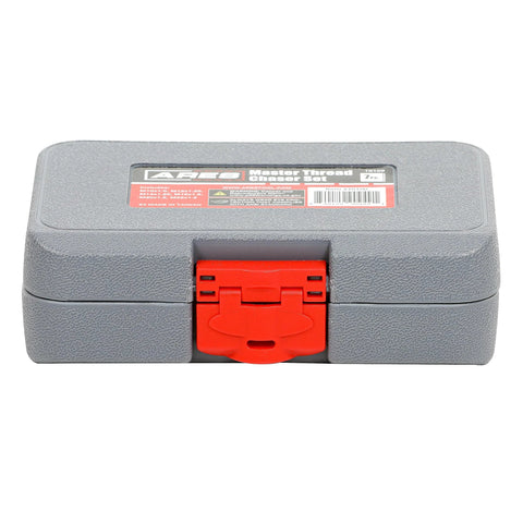 ARES 10100 7-piece Master Thread Chaser Set in gray storage case with red latch, top view