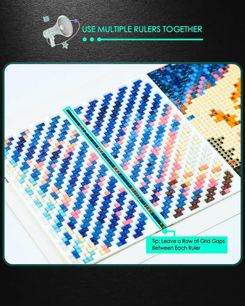 Image of a 9 Piece Diamond Painting Zigzag Ruler Set for Beginners, used to align drills on a square canvas for precise diamond art.