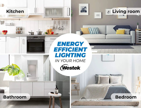 Image showing different rooms with energy efficient lighting solutions.