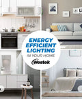 Energy efficient lighting usage in kitchen, living room, bathroom, and bedroom displayed with text 'Westek' and room images.