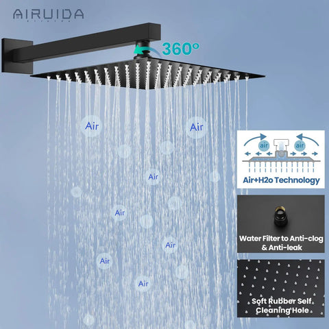 Rain Shower System With 10 Inch Dope Matte Black Finish Wall Mount Head SUS304 Stainless Steel Shower Faucet Set With 360° rotation