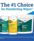 Three containers of disinfecting wipes showing Clorox branding and sizes against a promotional background.