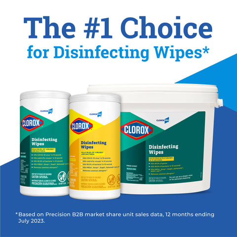 Three containers of disinfecting wipes showing Clorox branding and sizes against a promotional background.