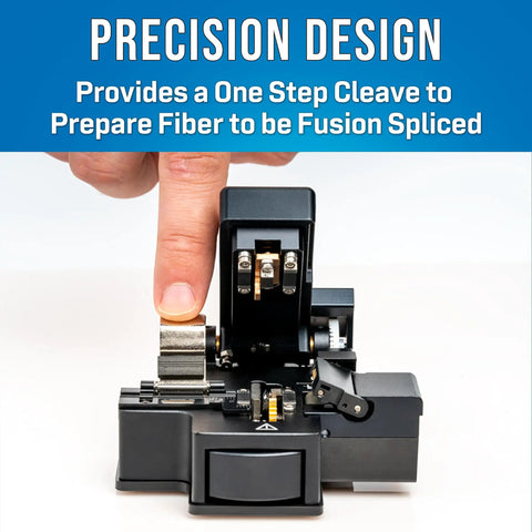 Person operating One Step Fiber Optic Cleaver With Auto Rotating Blade For Precise Cleaves And Scrap Collection on table.