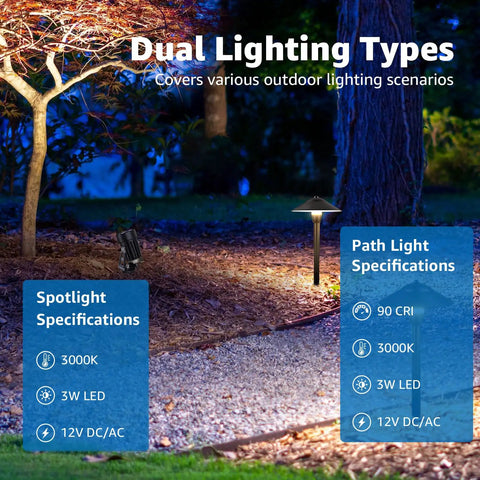 All-In-One LED Low Voltage Landscape Lighting Kit with path light illuminating gravel path at night, showing dual lighting types
