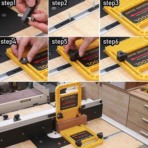Kickback Buster 2 Pack Adjustable Featherboards For Table Saws Router Tables And Band Saw Fences Keep Your Cuts Hella Smooth With Rock Solid Feeder Guides Yellow step-by-step setup images showcasing adjustable featherboard features.