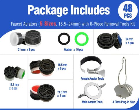 Snag This Faucet Aerator Replacement Kit With Six Stainless Removal Keys For Kitchen And Bathroom Fixtures Universal 32 Piece Internal And External Thread Repair Set M16.5 To M24, 48 pcs with various sizes and tools.