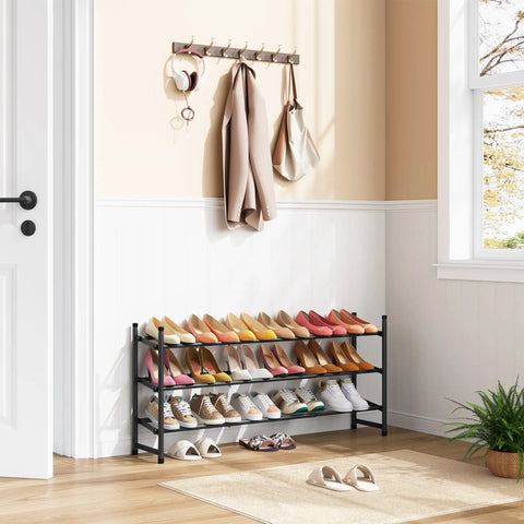 Expandable Three Tier Shoe Rack For Closet And Entryway, Adjustable From 28 To 41 Inches, Stackable Metal Shoe Organizer, black in room