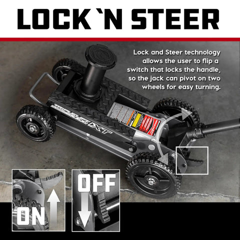 Big Wheel Three In One Garage Jack For Cars Trucks And Motorcycles With One And A Half Ton Capacity and 3000 Pound Lift Off Road Ready showing lock and steer feature