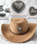 Kick Up Your Craft Game With Heart Shaped Rivets Screw Back Zinc Alloy Studs Solid Silver Metal Conchos For Leather Belts Bags DIY Projects Legit Dope Vibe heart rivet on a tan cowboy hat, showcasing zinc alloy material.