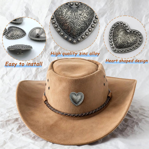 Kick Up Your Craft Game With Heart Shaped Rivets Screw Back Zinc Alloy Studs Solid Silver Metal Conchos For Leather Belts Bags DIY Projects Legit Dope Vibe heart rivet on a tan cowboy hat, showcasing zinc alloy material.