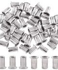 Premium 50 Piece 10-24 Unc 304 Stainless Steel Rivet Nuts flat head threaded inserts scattered on surface.