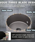 Heavy Duty Concrete Hole Saw Kit With 7 Tungsten Steel Masonry Drill Bits For Stone Brick And Cement Wall Drilling Including Sds Plus And Max Connectors To Get The Job Done Fast, 3-blade head detail