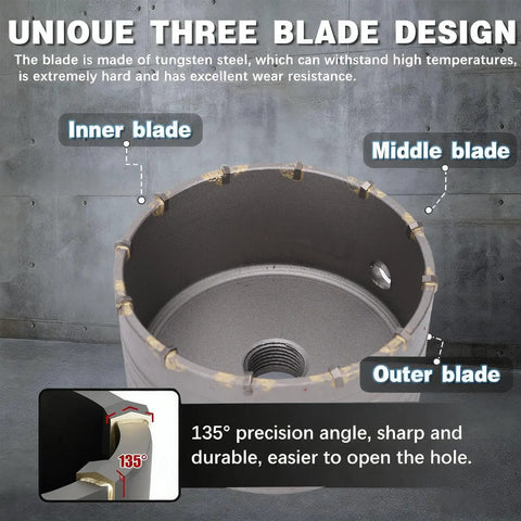 Heavy Duty Concrete Hole Saw Kit With 7 Tungsten Steel Masonry Drill Bits For Stone Brick And Cement Wall Drilling Including Sds Plus And Max Connectors To Get The Job Done Fast, 3-blade head detail