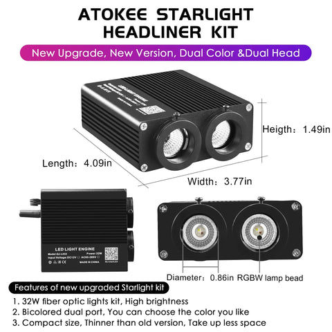 Dual Color Starlight Headliner Kit For Cars With Fiber Optic Star Ceiling Lights, Sound Activated, App And Remote Control