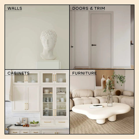 White Paint Touch Up Multi Surface Satin Finish No 01 Perfect White 1.5 Oz Scratch Repair shown on walls, cabinets, door, furniture.