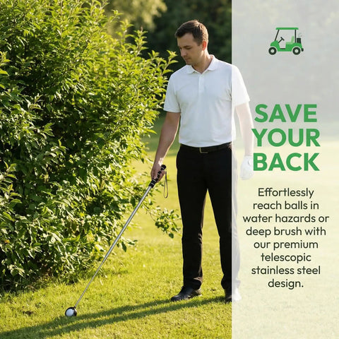 Man using Telescopic Golf Ball Retriever For Water 9ft Extendable Ball Grabber Tool with Dual Sided Pickup on grass.