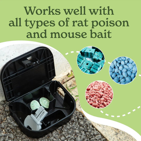 Heavy Duty Small Mouse Bait Stations With Secure Locks For Indoor Or Outdoor Pest Control And Discreet Rat And Mouse Bait Block Holders In A Practical 12 Pack Bundle To Kick Those Nasty Critters Out, open showing bait.