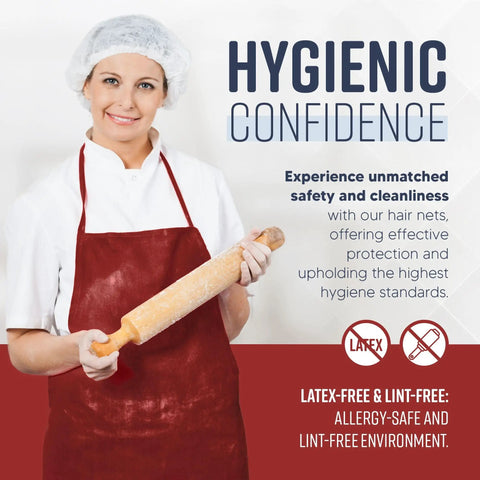 Chef wearing blue 24 inch disposable bouffant cap in kitchen, holding rolling pin, promoting hygienic confidence for food safety.