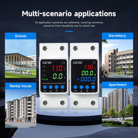 Adjustable Over and Under Voltage Protector With Digital Display For 110V DIN Rail Mount Reads Voltage Current And KWH In Real Time Keeps Your Gear Safe From Surges for school and apartment use